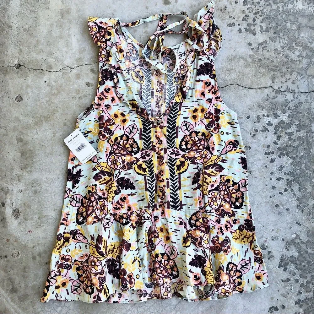 Free People Tunic Top Mini Dress Linen Blend Floral Ruffle Green NWT S